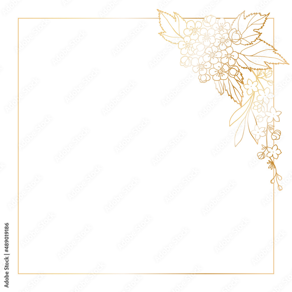 Square postcard template with a frame decorated in the corner with branches of spring flowers, freehand drawing with a golden gradient. Square postcard template with a frame decorated in the corner with branches of spring flowers, freehand drawing with a golden gradient.