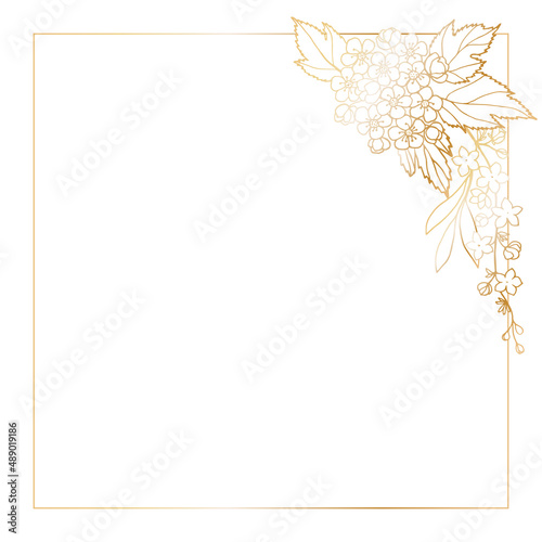 Square postcard template with a frame decorated in the corner with branches of spring flowers, freehand drawing with a golden gradient.