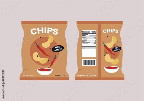 A plastic bag of spicy potato chips with a nutritional label on it, back and front,  unhealthy snacks