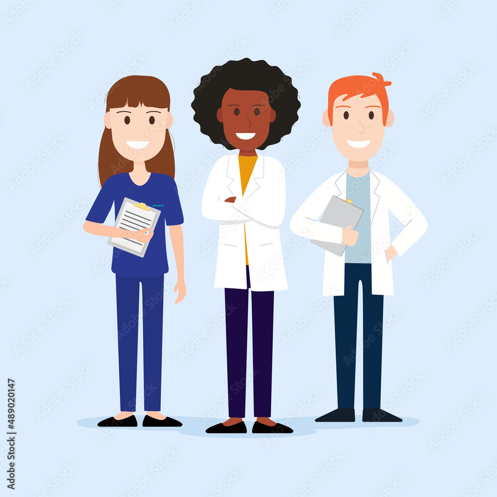 Teamwork of doctors and nurse different ethnicity and gender.