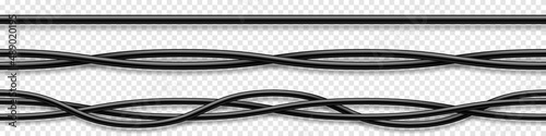 Set of black flexible cables with shadow. Electrical wire. Realistic power or network cable. Vector illustration.