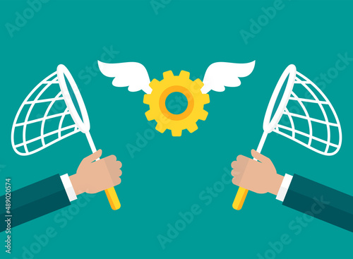 Businessman hands with butterfly net with flying golden gear cog. Catch, chase know how and solutions symbol. Innovation technology search concept.