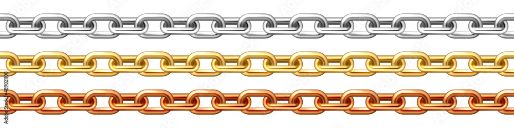 Realistic seamless golden, silver and bronze chains isolated on white background. Metal chain with shiny gold plated links. Vector illustration. Realistic seamless golden, silver and bronze chains isolated on white background. Metal chain with shiny gold plated links. Vector illustration.