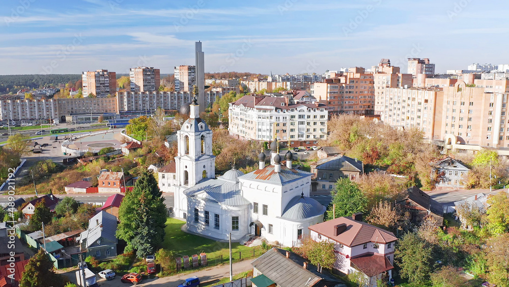 Kaluga city in summer, Christian churches, aerial view, Russia