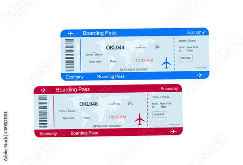 Airline tickets or boarding pass for traveling by airplane. Vector image on white background