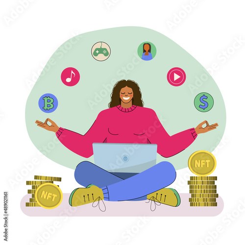 A female NFT artist behind a laptop sells art pieces online for currency, bitcoin. Vector illustration in flat style
