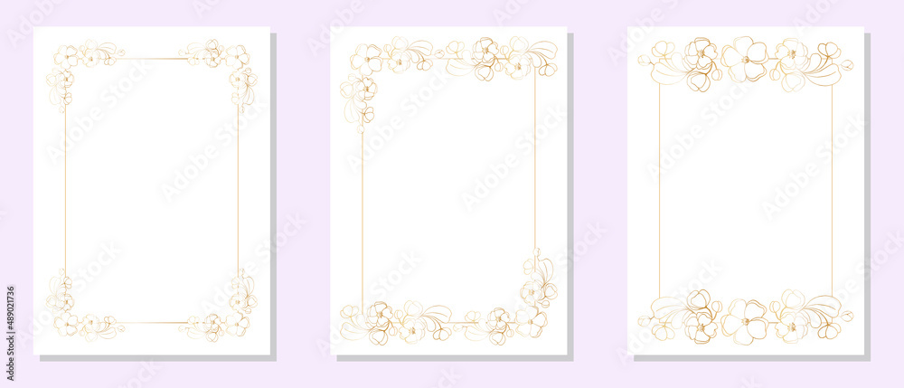 Set of rectangular postcard templates with rectangular frames decorated at the corners with bouquets of cherry blossoms, sakura flowers, freehand drawing with golden gradient.