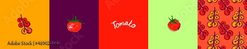 Vector set of design elements with Cherry tomatoes seamless pattern for label tomato paste, agro logo, tomato juice packaging. Hand-drawn vegetarian symbol. Organic vegetable background. Vegan sign.