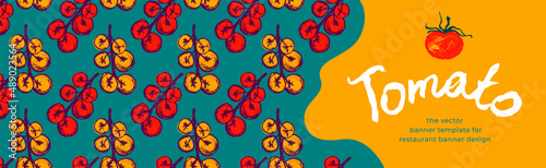 Banner organic ingredients, template design for healthy food concept, vegetarian food banner for cherry tomatoes background, eco store and farmers market. Tomato pattern for homemade cooking courses.