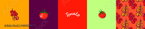 Vector set of design elements with Cherry tomatoes seamless pattern for label tomato paste, agro logo, tomato juice packaging. Hand-drawn vegetarian symbol. Organic vegetable background. Vegan sign.