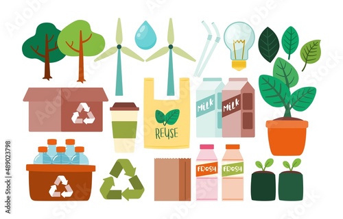 Set of Environment Icon, Cute Eco Objects, Recycle And Go Green, Vector, Illustration