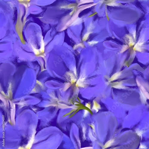 Abstract violet flowers seamless pattern. Blurred vision. 