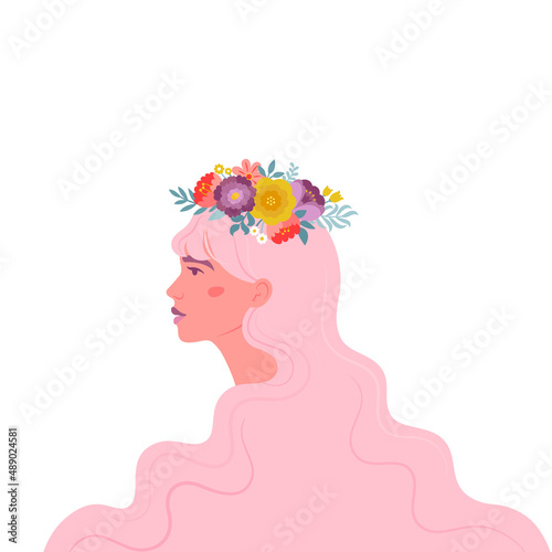 Woman meantal health support. Floral wreath on the head. Online psychological therapy. Positive mind and thoughts. Help for the stress and depression.