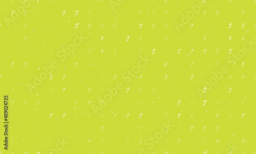 Seamless background pattern of evenly spaced white figure skating symbols of different sizes and opacity. Vector illustration on lime background with stars