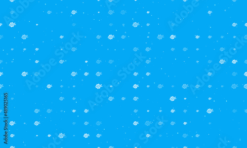 Seamless background pattern of evenly spaced white digital tech symbols of different sizes and opacity. Vector illustration on light blue background with stars