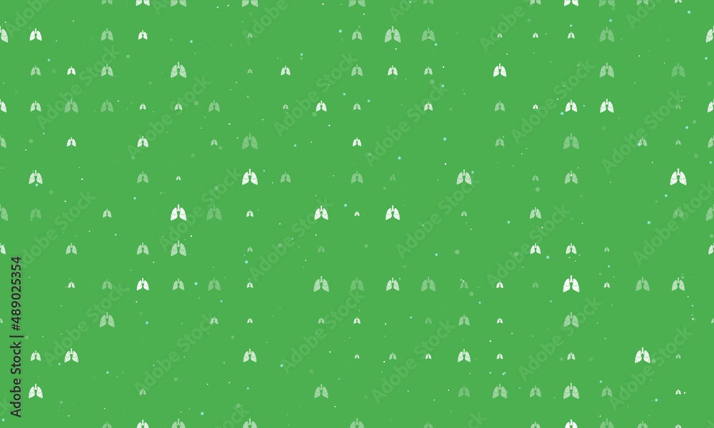 Seamless background pattern of evenly spaced white lungs symbols of different sizes and opacity. Vector illustration on green background with stars