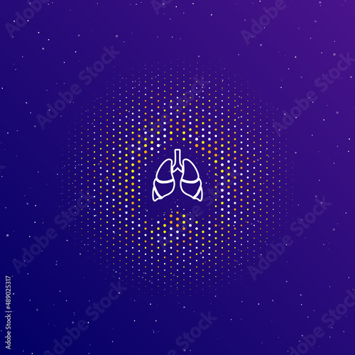 A large white contour lungs symbol in the center, surrounded by small dots. Dots of different colors in the shape of a ball. Vector illustration on dark blue gradient background with stars