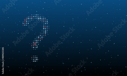 On the left is the question symbol filled with white dots. Background pattern from dots and circles of different shades. Vector illustration on blue background with stars