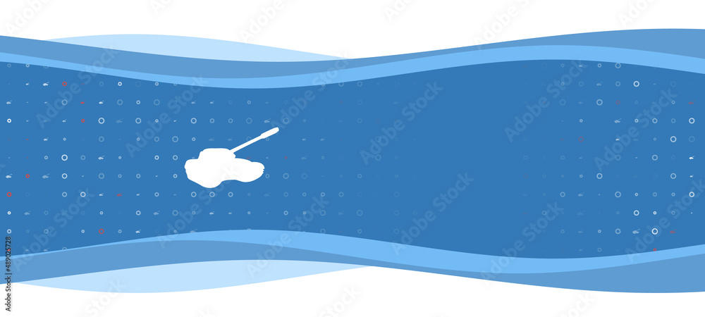 Blue wavy banner with a white tank symbol on the left. On the background there are small white shapes, some are highlighted in red. There is an empty space for text on the right side Blue wavy banner with a white tank symbol on the left. On the background there are small white shapes, some are highlighted in red. There is an empty space for text on the right side