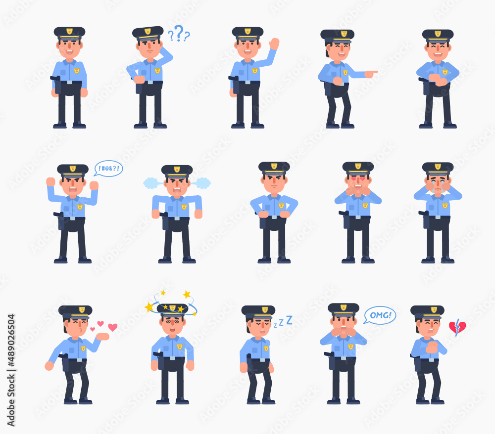 Set of policeman characters showing various emotions. Police officer thinking, angry, crying, laughing, dazed, in love and showing other expressions. Modern vector illustration Set of policeman characters showing various emotions. Police officer thinking, angry, crying, laughing, dazed, in love and showing other expressions. Modern vector illustration