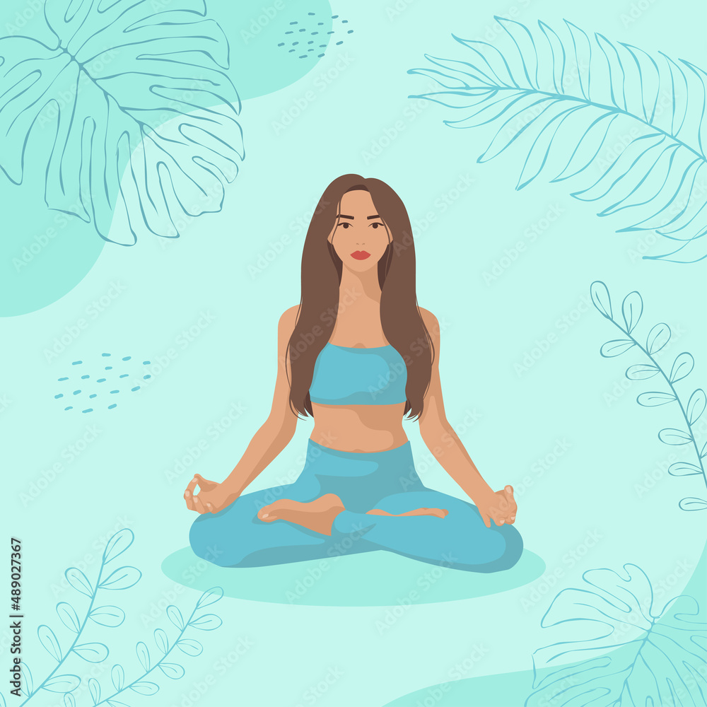 Girl sitting in lotus pose. Yoga flat illustration.