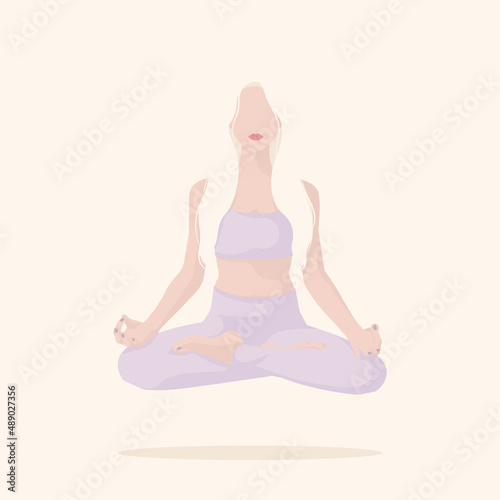 Girl sitting in lotus pose and levitating. Faceless woman illustration.