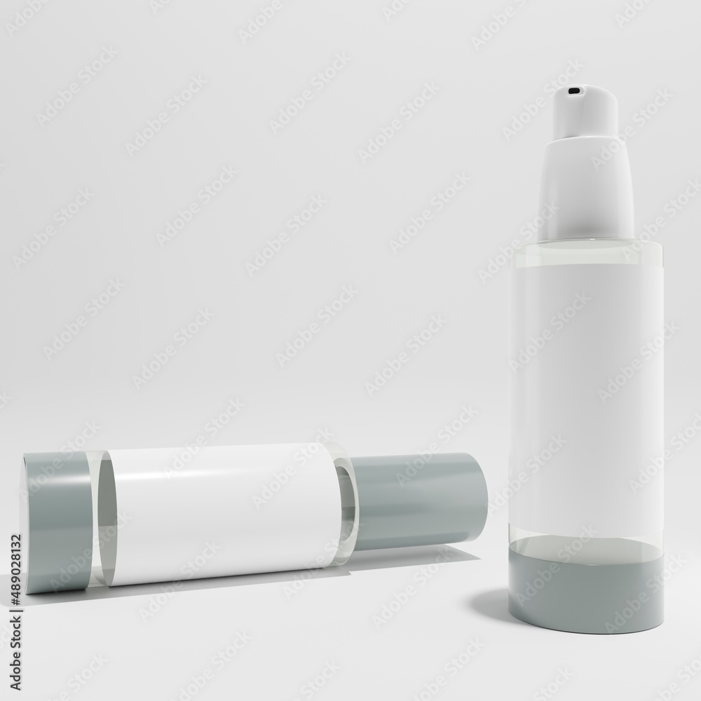 two glass bottles cosmetic mockup with blank label 3d render two glass bottles cosmetic mockup with blank label 3d render