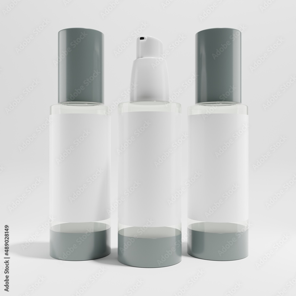 three glass bottles with blank label and grey cap a front view 3d render three glass bottles with blank label and grey cap a front view 3d render