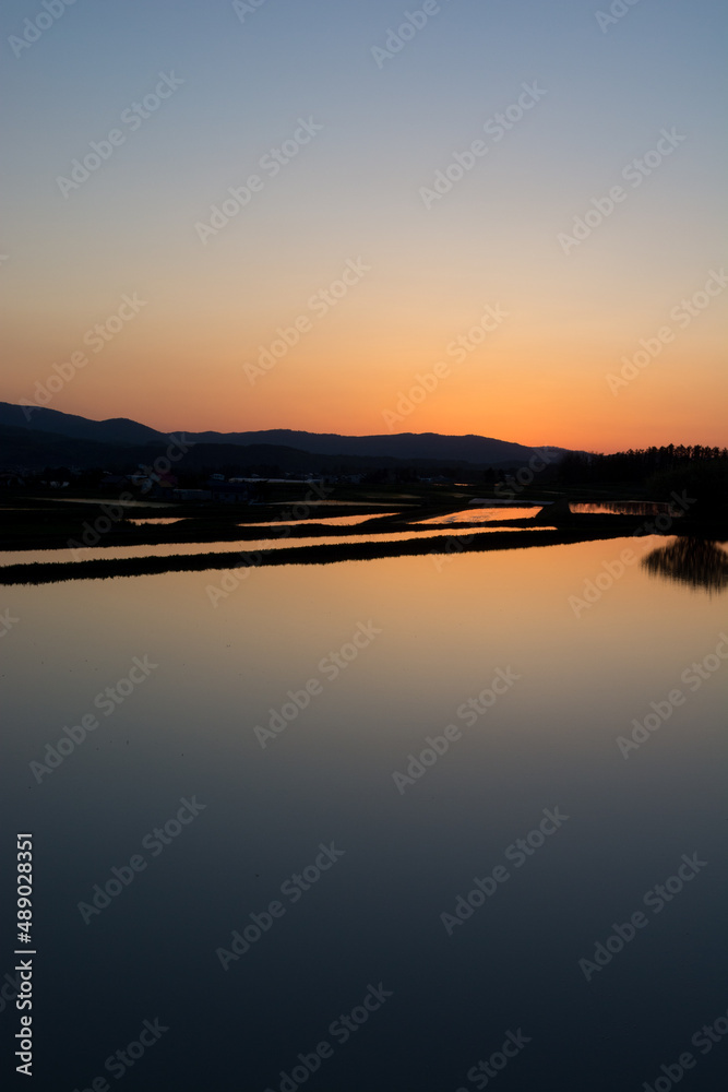 夕日を反射する水田
夕日を反射する水田