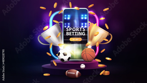 Podium with smartphone, champion cups, falling gold coins, sport balls and gradient neon square frame in dark empty scene. Sports betting, banner for your business