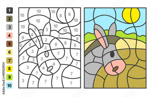 Color by numbers donkey Animal. Puzzle game for children education, colors for drawing and learning mathematics