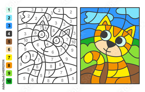 Color by numbers cat Animal. Puzzle game for children education  colors for drawing and learning mathematics