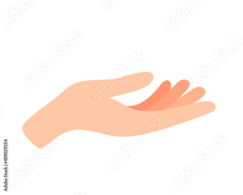 Facing up womans hand vector illustration isolated on white background. Female open palm up in getting or receiving something gesture, holding, showing, presenting product business concept