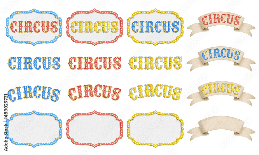 Circus vintage logo badge and banner of vector illustration set. Circus and carnival retro logo, frame and ribbon.  