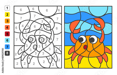 Color by numbers sea and ocean life. Puzzle game for children education, colors for drawing and learning mathematics