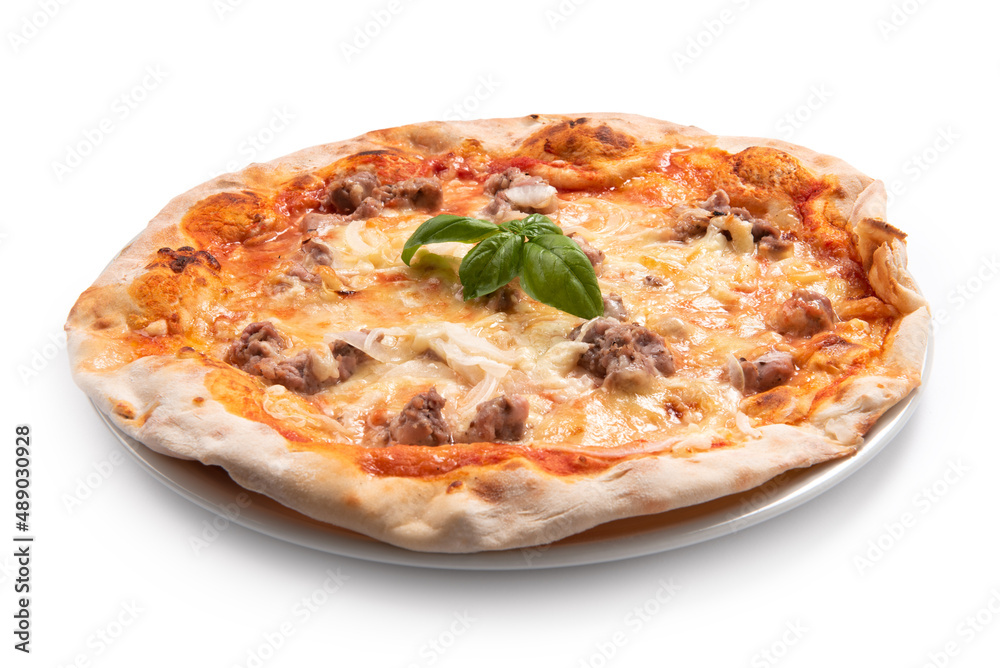 Deliziosa pizza italiana condita con pecorino, sugo e salsiccia di maiale Deliziosa pizza italiana condita con pecorino, sugo e salsiccia di maiale