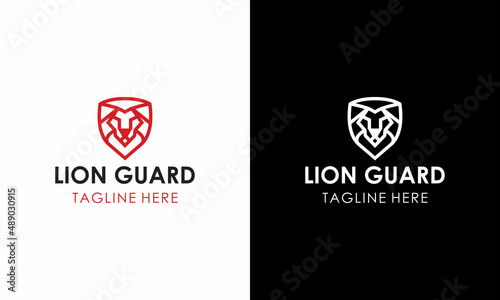 Minimalist Lion head and shield logo design line art, lion guard vector template.