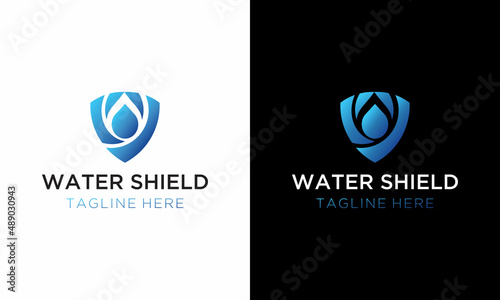 minimalist vector water and shield, water security technology logo design template.