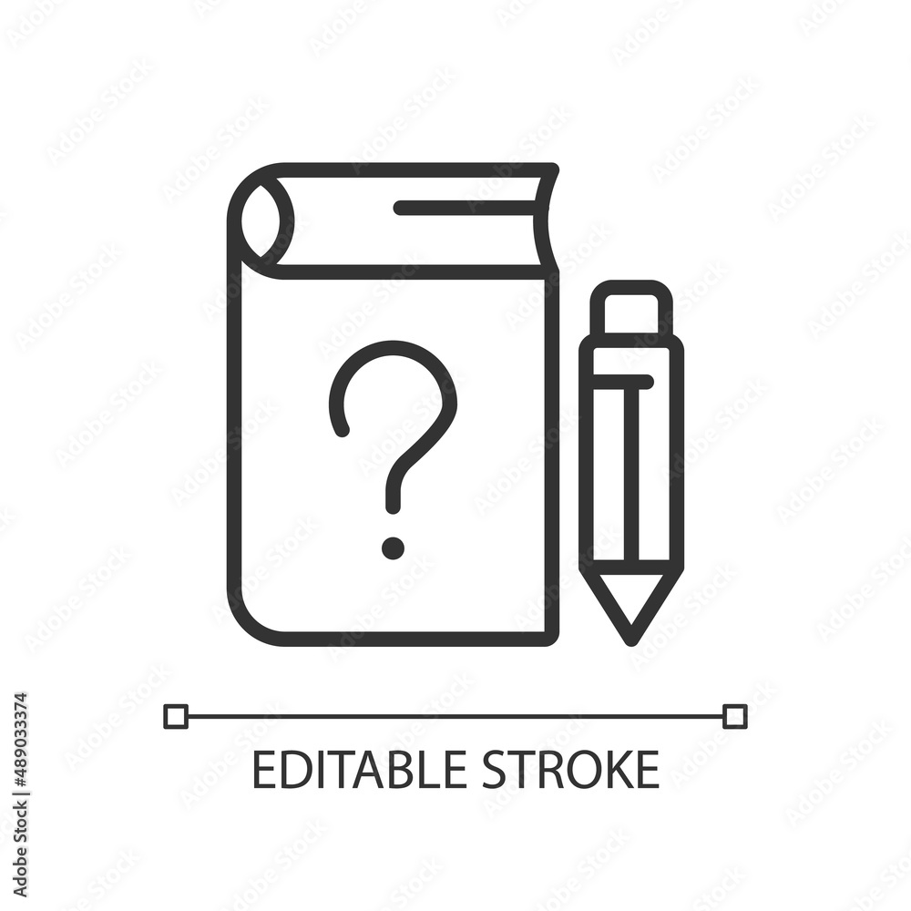 School question linear icon. Education program solution. Student exam solving. Learning process. Thin line illustration. Contour symbol. Vector outline drawing. Editable stroke. Arial font used School question linear icon. Education program solution. Student exam solving. Learning process. Thin line illustration. Contour symbol. Vector outline drawing. Editable stroke. Arial font used