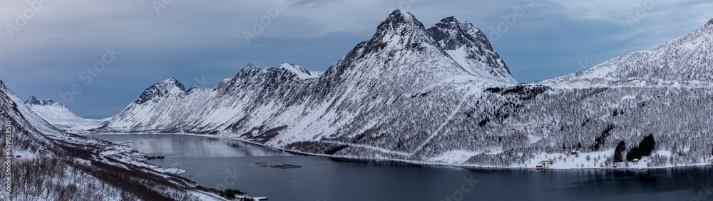 panoramic view Gryllefjorden in winter, troms county, norway