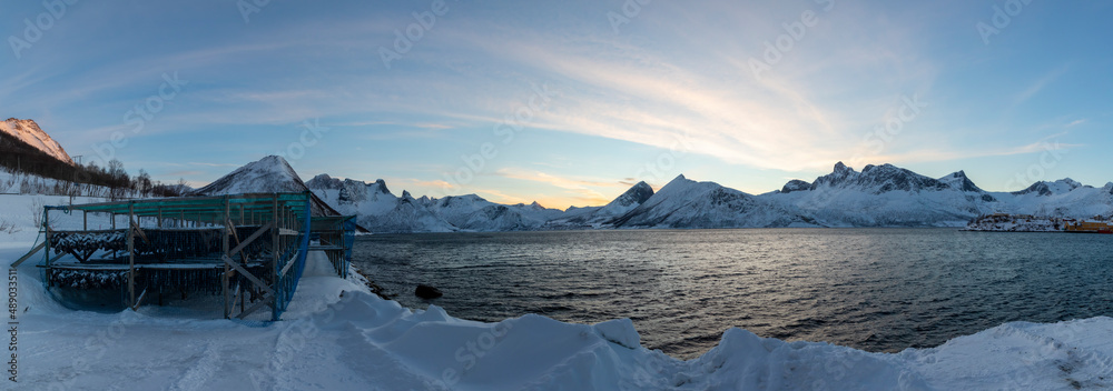 panoramic view drying racks for stockfish near the fishing village Husoy on island Senja in northern Norway
