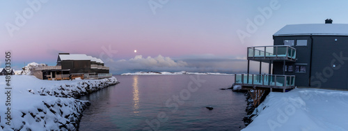 panoramic view sunset in Hamn, Senja on a clear cold winter day