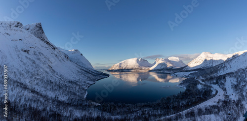 Photos panoramic view fjord Bergsbotn on island Senja, Norway  in winter