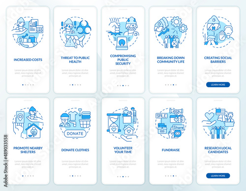 Poverty and homelessness issues blue onboarding mobile app screen set. Walkthrough 5 steps graphic instructions pages with linear concepts. UI, UX, GUI template. Myriad Pro-Bold, Regular fonts used photo