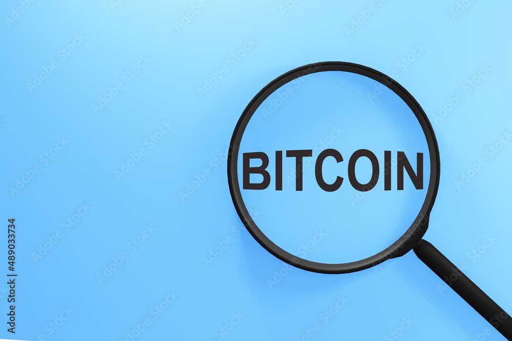 Word bitcoin on blue screen through magnifying glass. Cryptocurrency Word bitcoin on blue screen through magnifying glass. Cryptocurrency