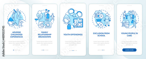 Homelessness among young people blue onboarding mobile app screen. Walkthrough 5 steps graphic instructions pages with linear concepts. UI, UX, GUI template. Myriad Pro-Bold, Regular fonts used