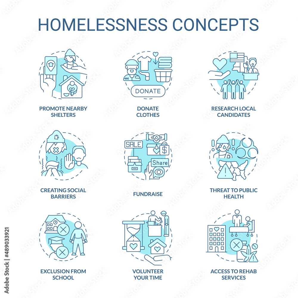 Homelessness turquoise concept icons set. Social barriers idea thin line color illustrations. Promote nearby shelters. Isolated symbols. Editable stroke. Roboto-Medium, Myriad Pro-Bold fonts used