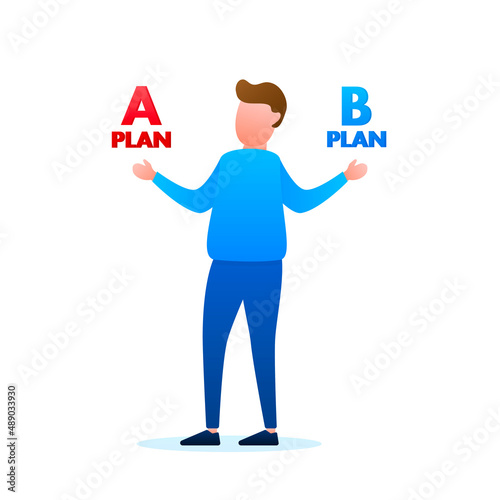 Man choosing between two options. Plan A nad B. Vector stock illustration.