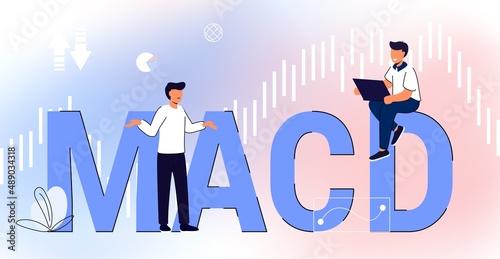 MACD Moving Average Convergence Divergence indicator technical analysis Stock and cryptocurrency exchange graph, forex analytics and trading market chart Vector illustration Acronym business concept