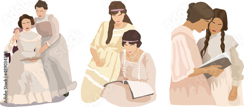Reading ladies. Illustrations of women, reading and studing. A set of characters, isolated on white background. Vintage fashion.